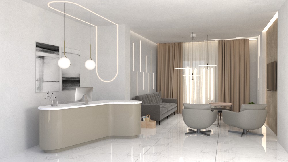 Modern minimalist living room with marble floor, gray sofa, pendant lights, and illuminated wall panels.