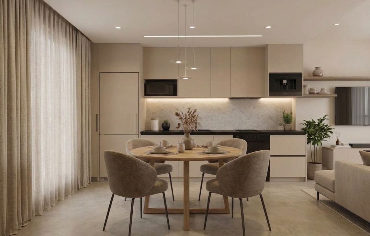Modern open-plan kitchen and dining area with neutral tones, pendant lights, and upholstered chairs.